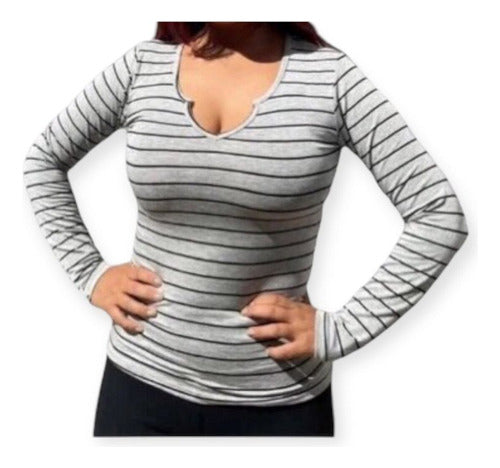 Divinas Reylav Long Sleeve Striped Women's V-Neck Modal T-Shirt 3