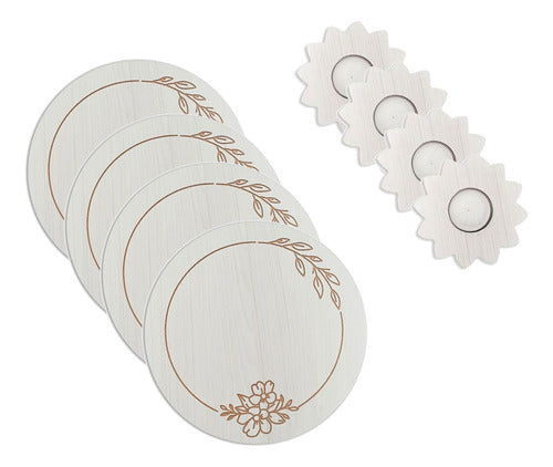 KOV DESIGN Boston 4-Piece Wooden Placemats Set + 4 White Flower Candle Holders 0