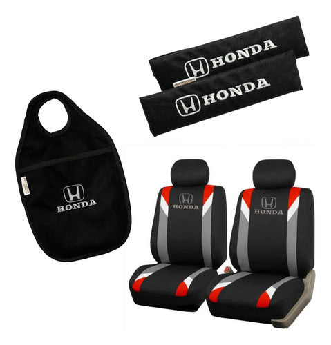 AUTOPLUS Accesorios Gray Red Fabric Cover + Seat Belt Covers + Waste Bag for Honda 0