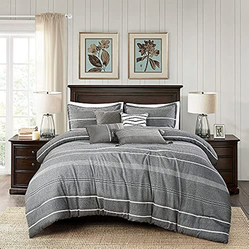 Chezmoi Collection Porter 7-Piece Yarn-Dyed Multi Striped Jacquard Comforter Set, Queen, Gray/White 0