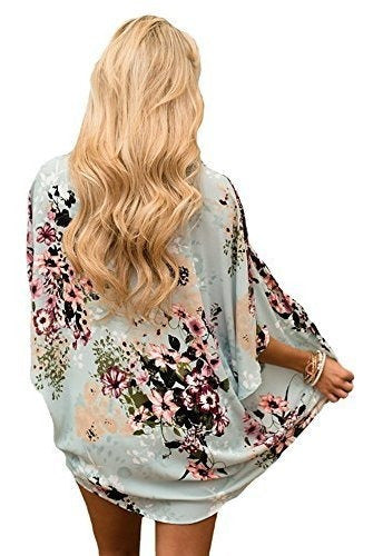 Hibluco Kimono with Fashionable Floral Prints, Shawl Type, L 2