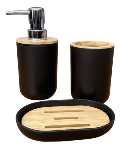 Silmar Set Baño X3 Dispenser Jabonera Vaso Melamina Negro Y Bamboo 0