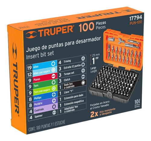 Set Kit Juego De Puntas Para Atornillador 100 Piezas Truper 1