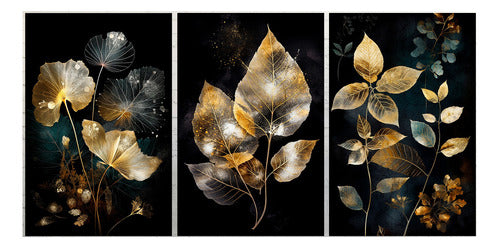 Modern Golden Abstract Leaves Triptych Canvas Art 180x90 cm 0