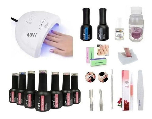 Navi Sun One 48W LED UV Nail Lamp + Base + Top Coat + 10 Semi-Permanent Polishes 0