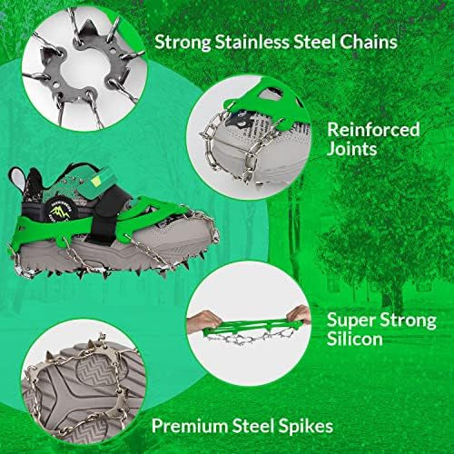 High Stream Gear Kids Ice Cleats - Snow Crampons For Hiking Boots & Shoes With 14 Stainless Steel Spikes, Anti Slip Traction Grips For Boys And Girls, Snow Cleats For Hiking, Walking & Climbing (Medium, Green) 2