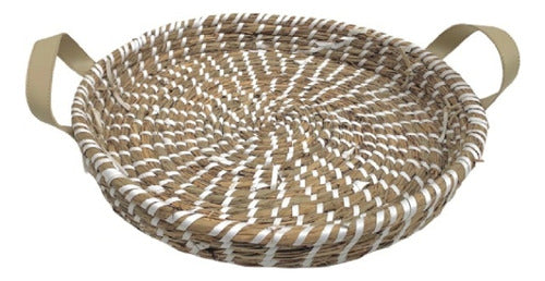 Marian Todo Organizado Natural And White Round Seagrass Tray With Handles 0