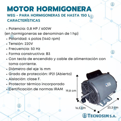 WEG Motor Hormigonera Hasta 150 Lts Monofasico 600w 0,8 Hp 1