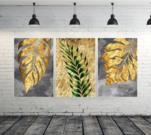 Modern Golden Abstract Leaves Triptych Canvas Art 180x90 cm 6
