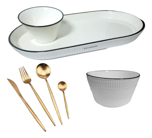 GALARIO PRODUCTOS Set X7pz Ceramica Plato Dip Cazuela Cubiertos Metal 5