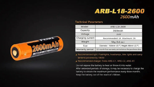 Fenix Arb-L18 2600mAh 3.6V 18650 Rechargeable Battery 7