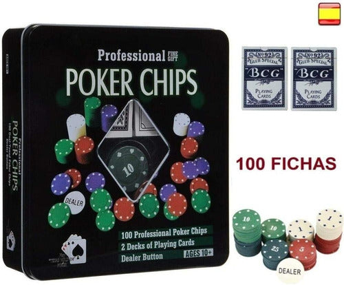 Set Juego Poker 100 Fichas + 2 Mazo Cartas Estuche Metálico 3