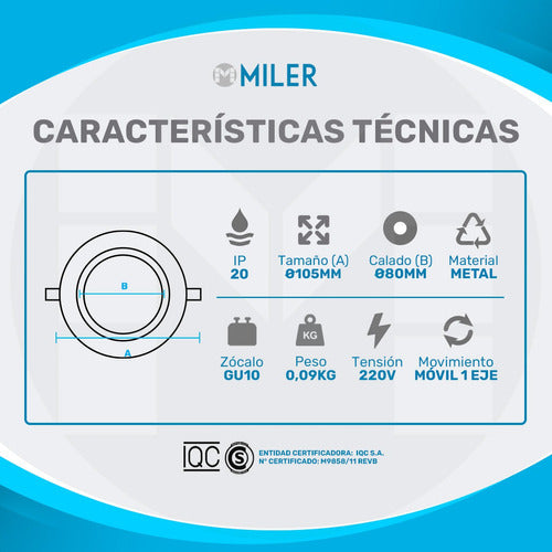 Miler Spot Embutir Blanco Circular Con Dicroica Led 7W Pack X10 1