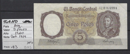 B103 Argentina 5 Pesos Bill 1960 Bottero 1919 XF+ 0