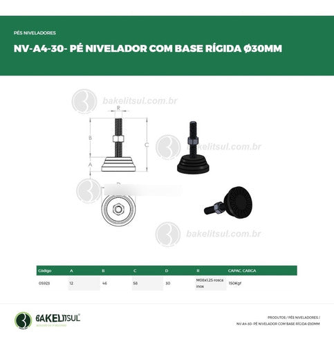 Pé Nivelador Base30 Rosca Inox M8x48mm(20 Unidades) 1