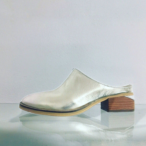 Mandarine Leather Low-Heel Clog with Platinum Golden Leather and Metal Wedge 0