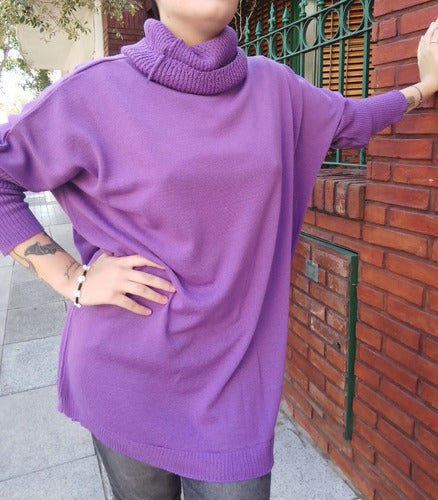 Maxi Oversized Sweater with Wide Long Neck. Black Fuchsia 17