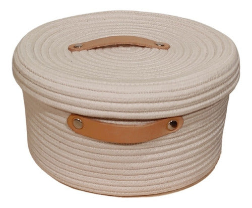 Cotton Basket with Leather Handle and Lid 1