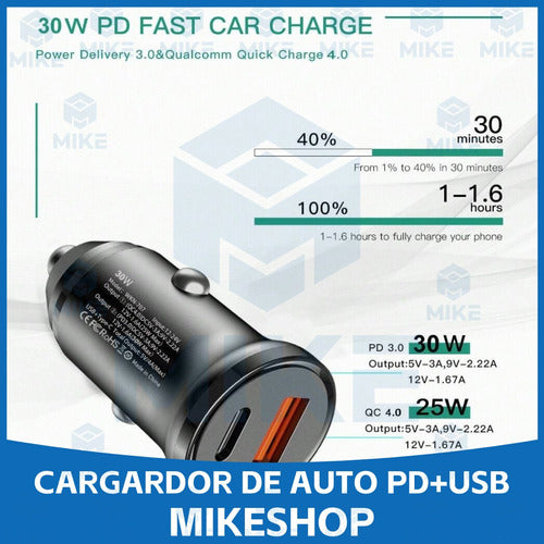 Mini Cargador De Auto QC 4.0 USB 18W + PD USB-C 20W / Mike 4