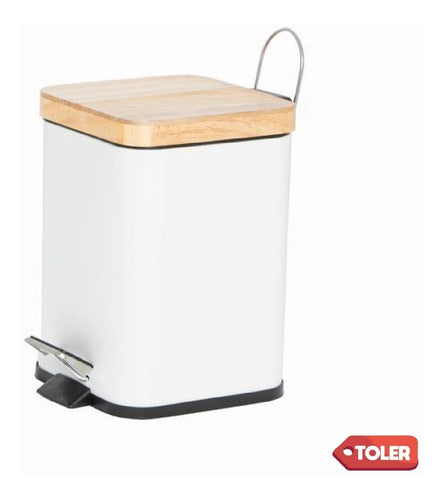 Toler Cesto Tarro Tacho Papelera A Pedal Blanca Tapa Madera 3 Lts 0