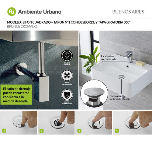 Ambiente Urbano Sifon Cuadrado Descarga Cromo + Tapon Con Desborde Tapa 360º 2