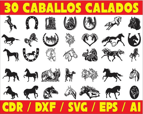 Vectores Corte Laser -  Pack 30 Caballos Calados 0