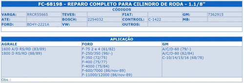 Reparo Completo Cilindro Roda 1.1/8pol - Ford (diversos) / Gm (diversos) /  Agrale A/d 1600 Rs/rd 1800 D Rs/rd 1