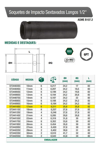 Soquete Impacto Sextavado Longo 17mm Encaixe 1/2'' - Sata 1