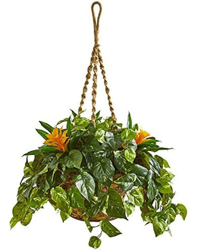 Nearly Natural Casi Natural De 31 Pulgadas. Bromeliad & Pothos Cesta Colgan 0