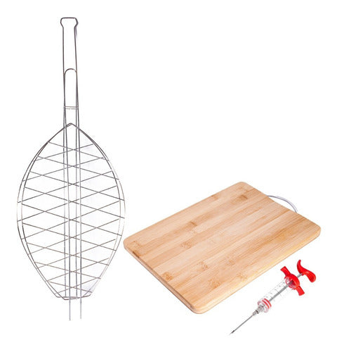 Grill Fish BBQ Kit + Gastronomic Plastic Syringe + Bamboo Cutting Board 0