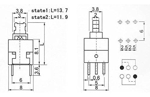 ELUMILED 5 Push Switches With Retention 2 Inverters 8x8mm 2