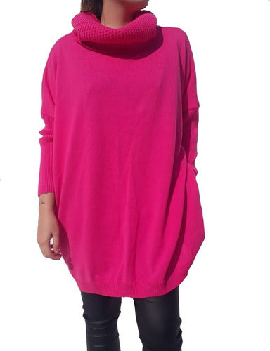 Maxi Oversized Sweater with Wide Long Neck. Black Fuchsia 0