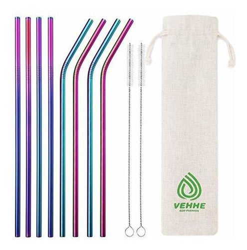 VEHHE 8x Reusable Stainless Steel Rainbow Straws 265mm 0