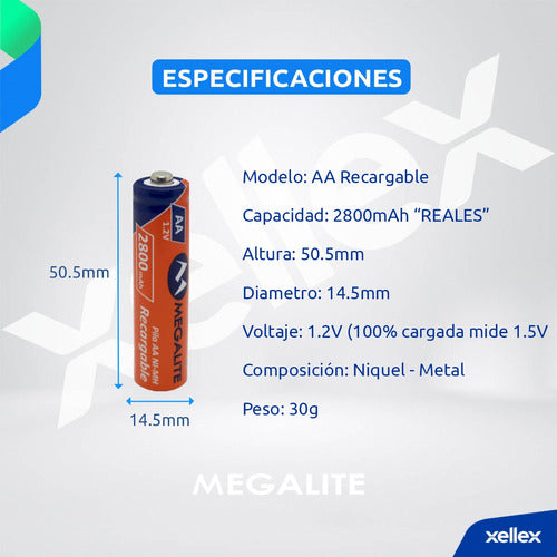 Megalite Rechargeable AA Batteries 2800mAh NiMH Pack of 2 1