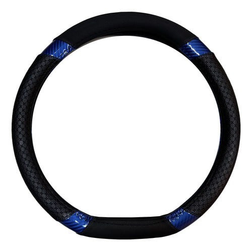 Iael Cubre Volante Base Plana Cuerina Negro Con Azul Carbono 38cm 1