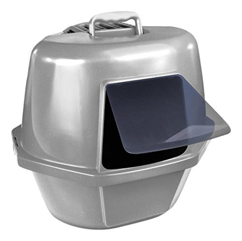 Large Enclosed Cat Litter Tray with Closed Corners, Silver 0