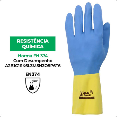 Kit 12 Luva Látex Neoprene Bicolor Limpeza Pesada Volk Tam G 3