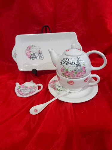 Yustina Complete 6 Piece Tea Set: Teapot, Cup, Plate, Tray, Spoon & Tea Bag Holder 0