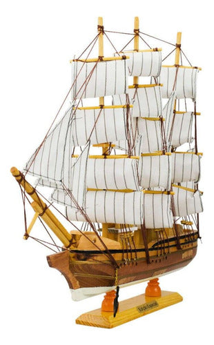 Miniatura Barco Navio Veleiro Madeira Casco Marrom Base Bran 1