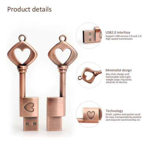 Borlterclamp - 64 GB USB 2.0 Memory Flash Drive, Retro Heart Key Shape 3