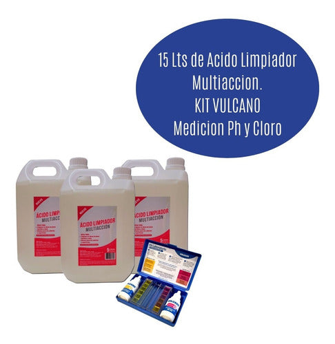 Pack 3 Limpiador Acido Muriatico Piscina 5l + Kit Vulcano Ph 1