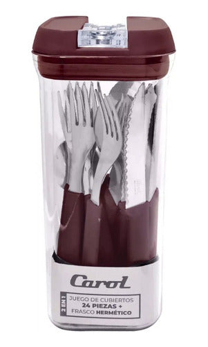 Set of 24 Carol Fusion Cutlery Pieces with Airtight Glass Jar - Burgundy 0