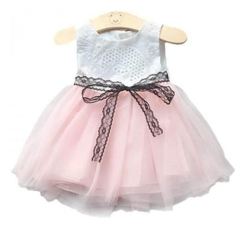 Little Mermaid Imported Baby Girl Dress with Broderie, Tul, and Lace Bow 0