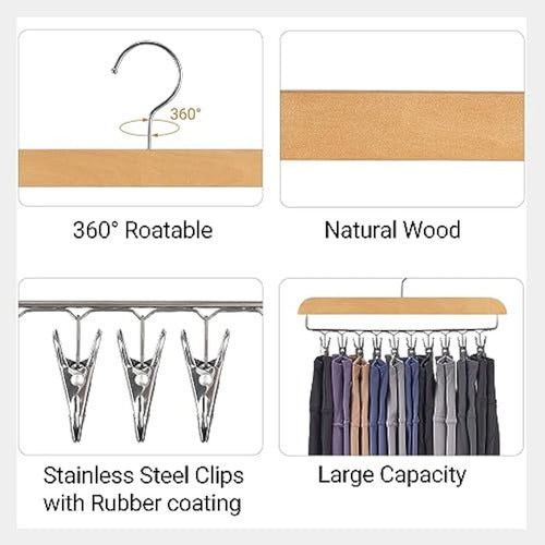 Mkono Leggings Organizer for Closet, Set of 2 Pants Hangers with Space Saving Natural Wood, 20 Rubber-Coated Clips, Multi-Purpose Clothes Storage Organizer for Skirts, Shorts, Jeans 5