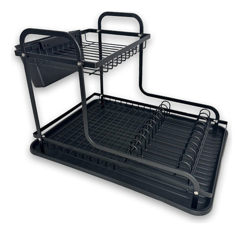 Two-Tier Dish Drying Rack with Cutlery and Tray - Black 3