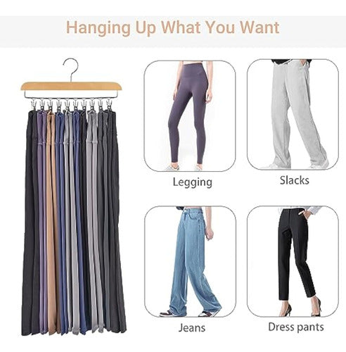 Mkono Leggings Organizer for Closet, Set of 2 Pants Hangers with Space Saving Natural Wood, 20 Rubber-Coated Clips, Multi-Purpose Clothes Storage Organizer for Skirts, Shorts, Jeans 2