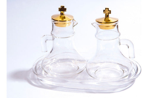 Golden Metal Glass Vinegar Cruet and Tray 0