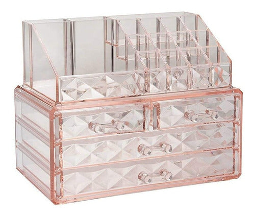 Organizador Rosa Maquillaje Acrílico Diamante 4 Caj + 16 Div 4