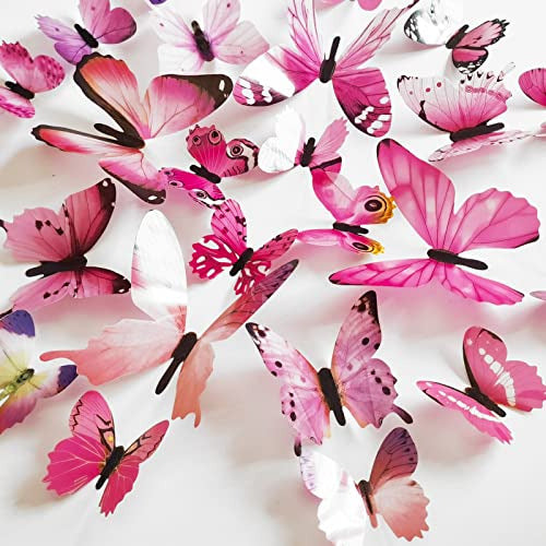 Ewong Mariposas Decorativas Stickers 3D x24u Rosa Realistas 0