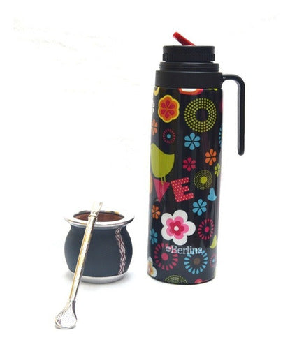 Bazar Online Set De Mate Con Termo Floreado 1lt Y Bombilla De Bronce 1